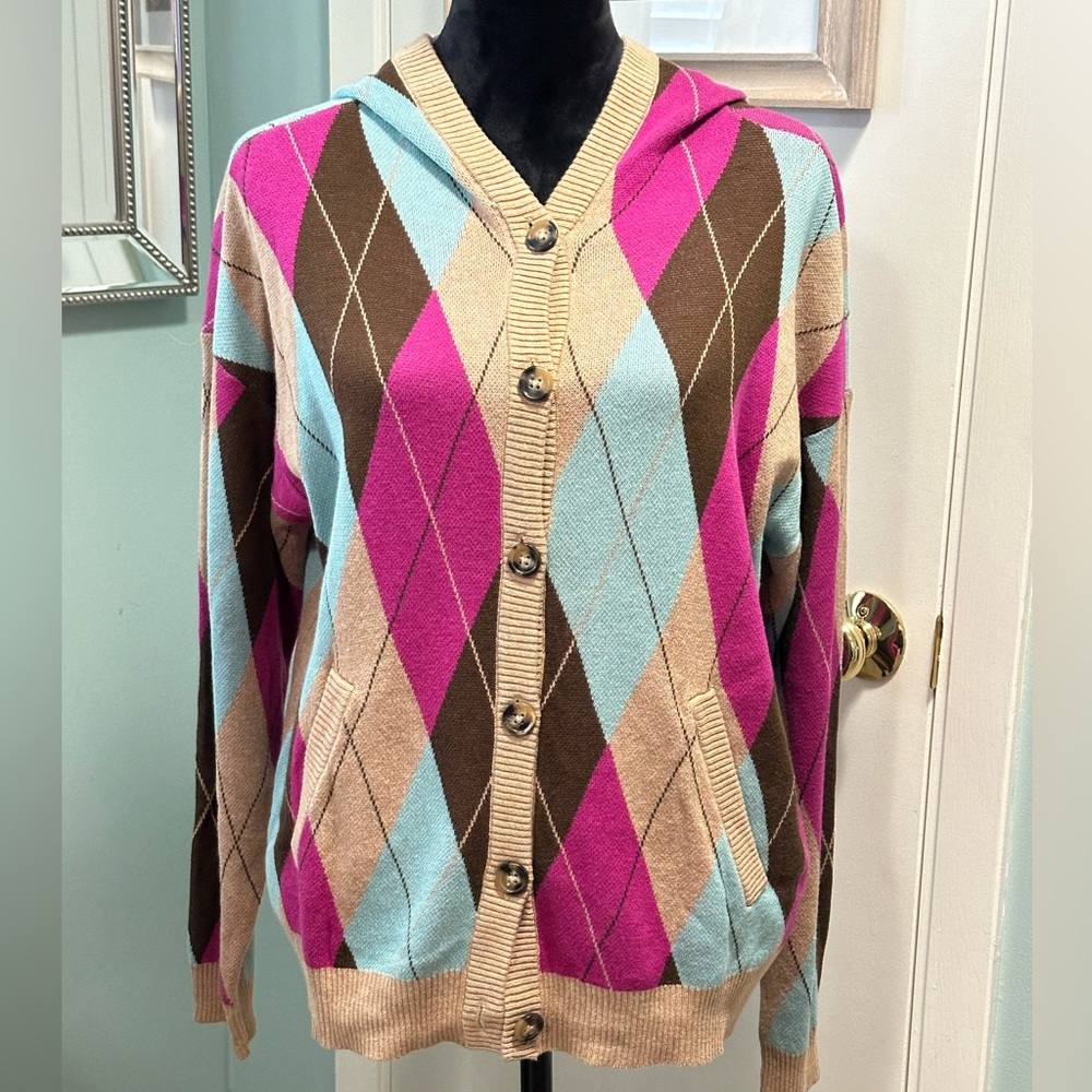 Charter Club Hooded, Argyle, Cardigan Sweater. Size XL. Pink, Aqua, Brown, Tan.